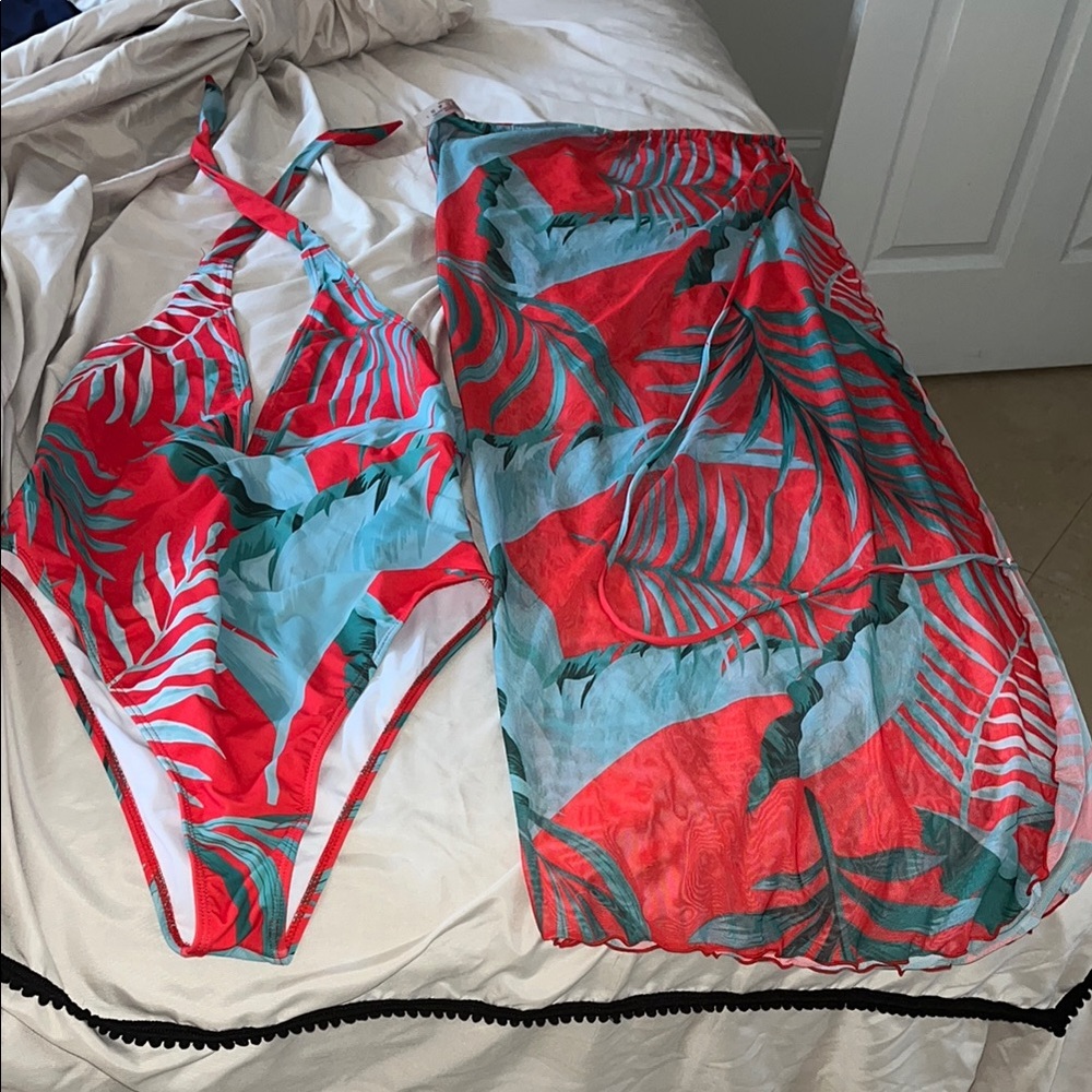 Tropical Red and Blue One Piece Swimsuit with sarong